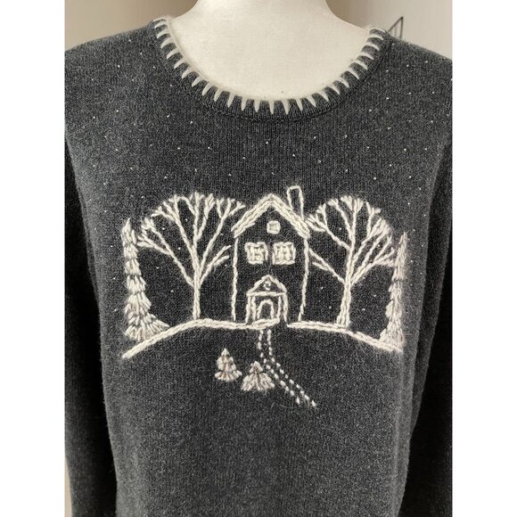 EUC Vintage Hand Embroidered Charcoal Gray Cozy Knit Sweater - Picture 2 of 10